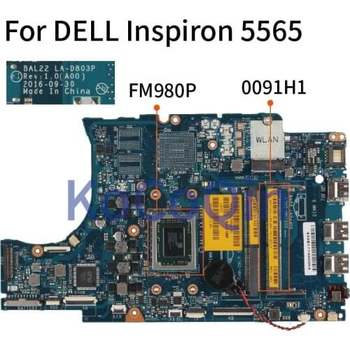 For DELL Inspiron 15 5565 FM980P Notebook Mainboard CN-0091H1 0091H1 BAL22 LA-D803P Laptop Motherboard DDR3