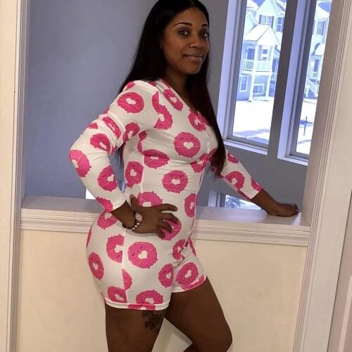 Sexy Women Stretch Button Deep V Neck Bodycon Lingerie Long Sleeve Pattern Print Sleepwear Jumpsuit Leotard Bodysuit Underwear