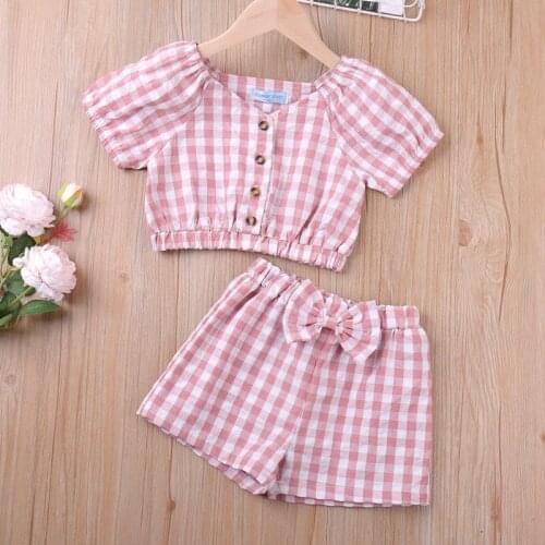 Girls Clothes Set Summer New Fashion Short Sleeve Button Plaid Tops + Bowknot Plaid Shorts 2Pcs Suit Casual Toddler Kids Clothes