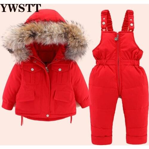 -30 Kids Costume Snow Suit Thick 2020 Toddler Boys Girl Clothes Sets 2PCS Childrens Down Jacket Winter Warm Hooded Real Fur