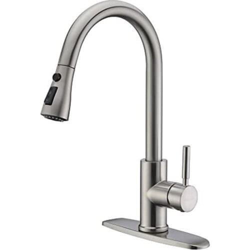 QUEEXU Single Handle High Arc Brushed Nickel Pull Out Kitchen Faucet,Single Level Stainless Steel Kitchen Sink Faucets QU13