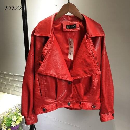 FTLZZ Women Faux Leather Jacket Bat Sleeve Short Biker Coat Vintage Punk Outwear Red Green Motorcycle Jackets Boy Friend Outwear
