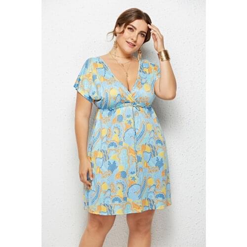 Summer Women Printed Dress Ladies Multicolor Deep V-Neck Short Sleeves Backless Sundress with Drawstring Waist Plus Size Dresses