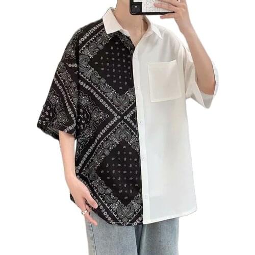 Patchwork Shirt Men Bandana Floral Graphic Male Casual Shirt Short Sleeve Oversized Top Clothing 2021 Summer Thin