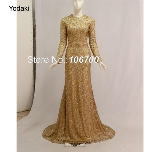 New 2018 Real Photos Mermaid Formal Evening Dresses Glitter Fabric Long Sleeves O Neck Long Pageant Prom Gowns Arabic Style