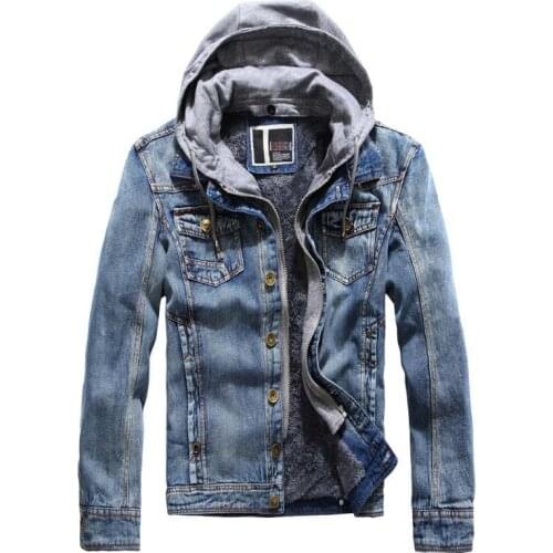 Autumn Winter Fleece Hooded Denim Jacket Men Casual Warm Jacket Retro Cowboy Coat Washed Cotton Windbreaker OUTWEAR Male Clothes