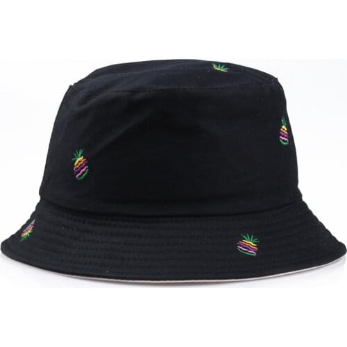 Womens Pineapple Double-Sided Bucket Hats Men 2021 Fashion Embroidery Girls Summer Panama Caps Black Cotton Fisherman Hat