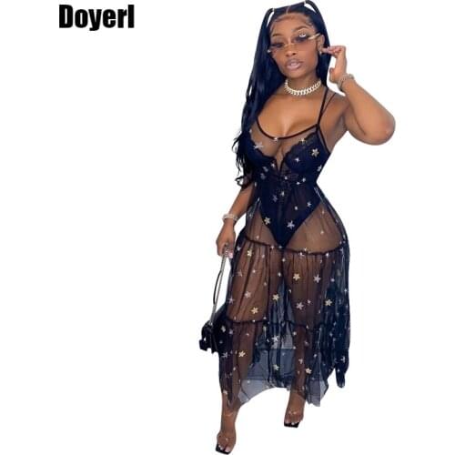 Sexy Summer Womens Dress 2021 Sundress Strap Tunics Black Sheer Long Mesh Dress See Through Holiday Club Party Beach Dress