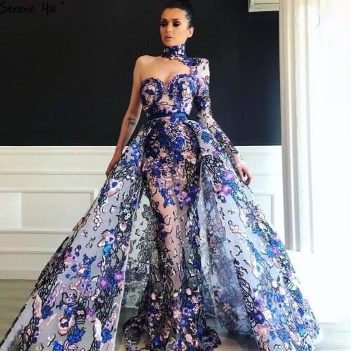 Serene Hill Blue One Shoulder Sexy Mermaid Evening Dress 2020 Handmade Embroidery Flowers Formal Party Wear Gown CHM67028