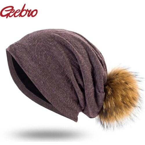 Geebro Spring Womens Bonnet Beanies with Raccoon Fur Pompom Hats For Ladies Soft Comfortable Cotton Skullies Beanie Cap DQ428B