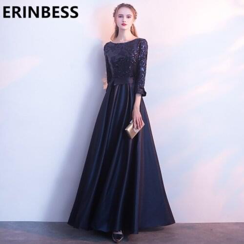 Vestido De Festa Dark Blue Sequined Evening Dresses A Line Scoop Neck satin Long Floor Length Long Sleeve Party Gowns