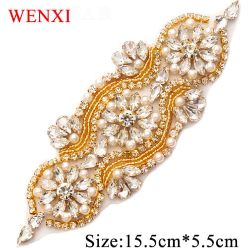 WENXI 30PCS Wholesale Hand Beaded Sewing Rose Gold Rrystal Rhinestone Applique Patch For Dresses Headband DIY Iron On WX842