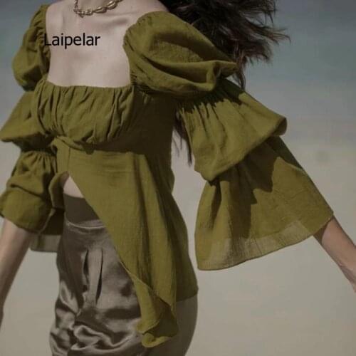 Summer Womens Clothes Retro Square Neck Front Slit Irregular Flare Sleeve Top Harajuku Gothic Clothes