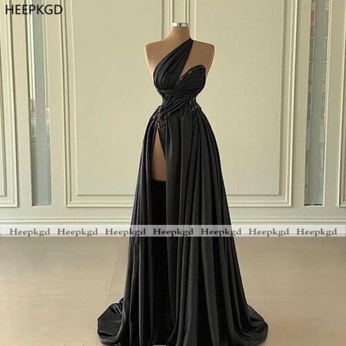 Long 2021 Black Sexy Evening Dress A Line One Shoulder High Slit Beads Satin Charming Women Occasion Party Evening Gowns