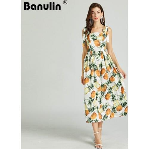Runway Pineapple Fruit Print Yellow Boho Dress 2021 Summer Womens Bow tie Strap Slash Neck High Elastic Holiday Long Dress