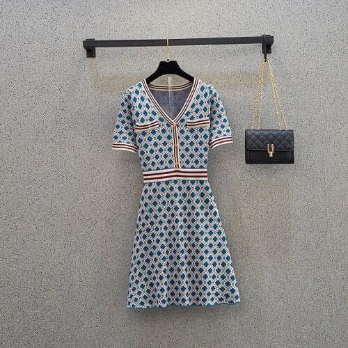 2021 Summer Sweater Dress Women Short Sleeve Vintage Plaid Elegant Office Lady Knitted Sweater Dresses