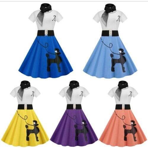 50S 60s vintage poodle dresses with scarf women pinup vestidos summer puppy retro rockabilly dresses hippie retro costume