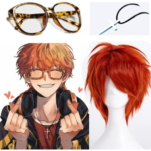 Mystic Messenger 707 Luciel Cross Necklace Pendant 5cm 707 Cosplay Wig Short Red Orange Wig Glasses Cosplay Prop Accessories