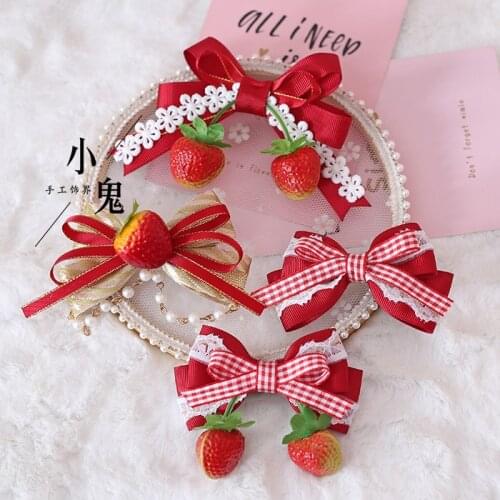 Sweet Strawberry Lolita Plaid Bowknot Hairpin Headdress Japansee Mori Girl Kawaii Strawberry Side Clip Hair Clip Accessories