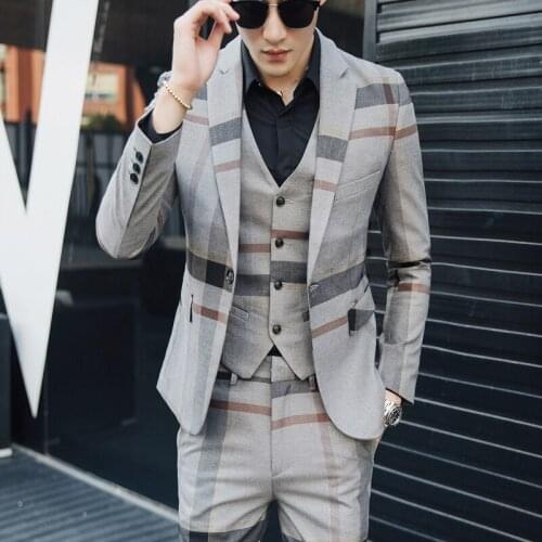 Plaid Wedding Suit Fashion Check Woollen Mens Suits Prom Banquet Suit Men Slim Fit Double Breasted Blazer Vest Pant Grey Blue