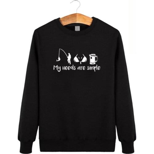 My Needs Are Simple Men Winter Cotton Tops Funny Fishinger Boobs Beer Printed Sweatshirts