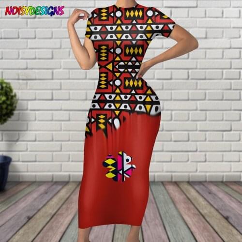 NOISYDESIGNS Ankara African Printed Red Women High Stretch Summer O-neck Bodycon Long Dress Ladies Slim Maxi Dresses Vestidos