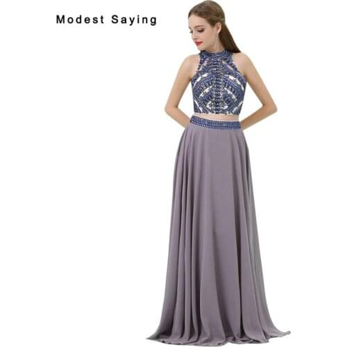 Wholesale Elegant Grey A-Line 2 Piece Prom Dresses 2017 with Rhinestone Formal Women Party Prom Gowns vestido de formatura B035