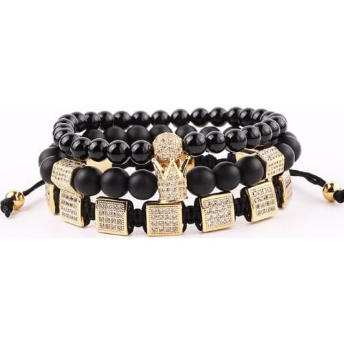 Luxury Men Bracelet Jewelry CZ Pave Square Crown Charm Natural Stone Onyx Beaded Bracelet Set For Man