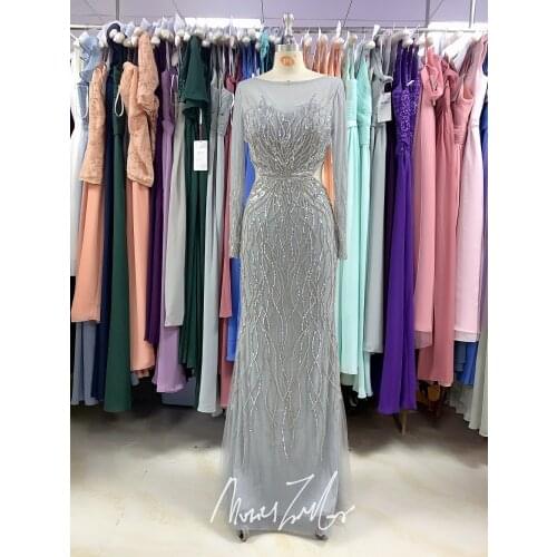 Light grey Evening Dress 2021 small collar long sleeve beads Decorative beauty luckgirls Customizable fashion Mocini Tailor