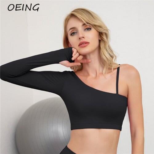 Single Shoulder Long Sleeve Crop Tops for Women Yoga Fitness Clothes Activewear Workout Jogging Shirts
