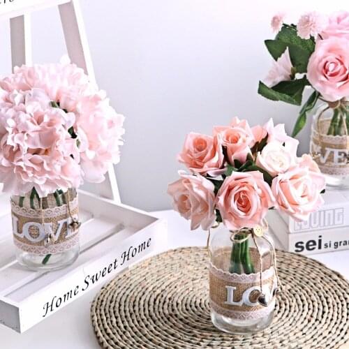 Ins Pastoral Glass Vase+Artificial Flower Ornament Home Craft Fake Flower Plant Pot Wedding Party Decoration Table Accessories