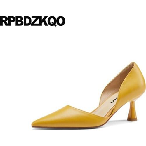 High Quality Work Pumps Pointed Toe Stiletto Genuine Leather Medium Heels Summer Size 33 Ladies Yellow Shoes D'orsay Sandals