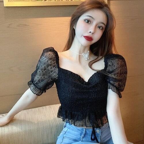 Women Puff Sleeve Sweet Blouses Casual Square Collar Lace Blouses Summer Female Sleeve Shirts
