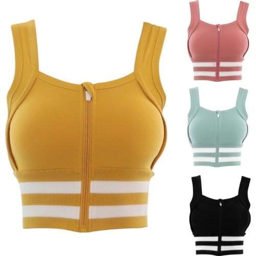 Women Yoga Sports High Impact Bra Push Up Zipper Shockproof Workout Brassiere Fitness Running Quick Dry Stripes Crop Top