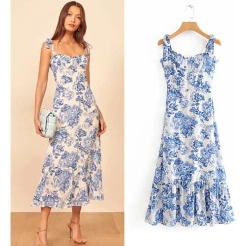Womens summer dress 2021 new fashion slim fit with wooden ears printed sling dress female