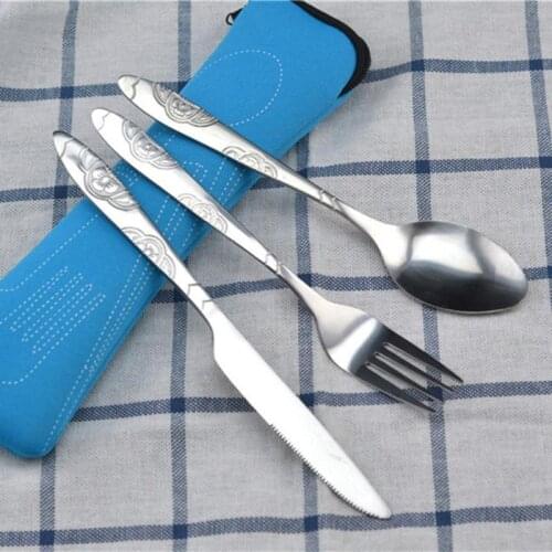 3Pcs/Set Stainless Steel Fork Spoon Cutlery Set Steak Knife Fork Spoon Portable Camping Bag Picnic Outdoor Tableware with bag