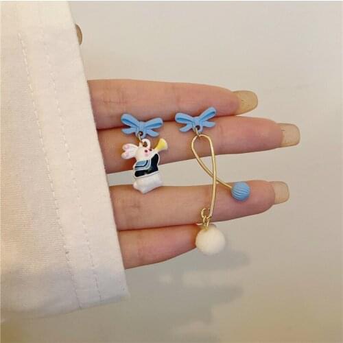 Asymmetrical Blue Bow clip on Earrings Cute Sweet Alice in wonderland Rabbit Ear Clip Earrings Without Piercing Female Girls