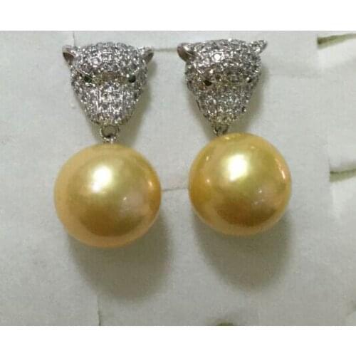 Free shipping charming pair of huge 10-11mm south gold pearl earring 925s