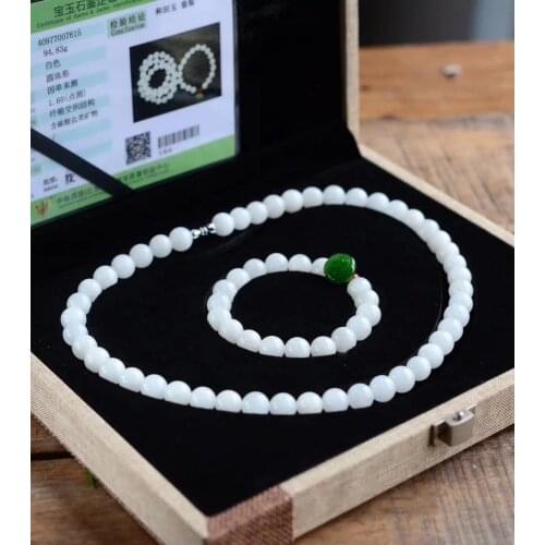 Zheru Jewelry Sole Pure Natural Xinjiang Hetian White Jade Bead Necklace Green Jade Lotus Bead Bracelet Elegant Set Gift Certif