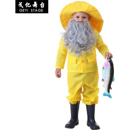 Cos fisherman costume Halloween childrens day performance costume adult childrens fishing costume bright yellow raincoat paren