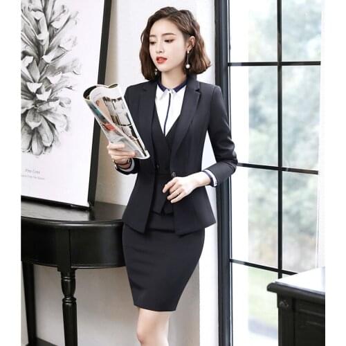 Formal Black Blazers Women Business Suits 3 Piece Waistcoat, Skirt and Jacket Sets Office Ladies Work Wear Suits