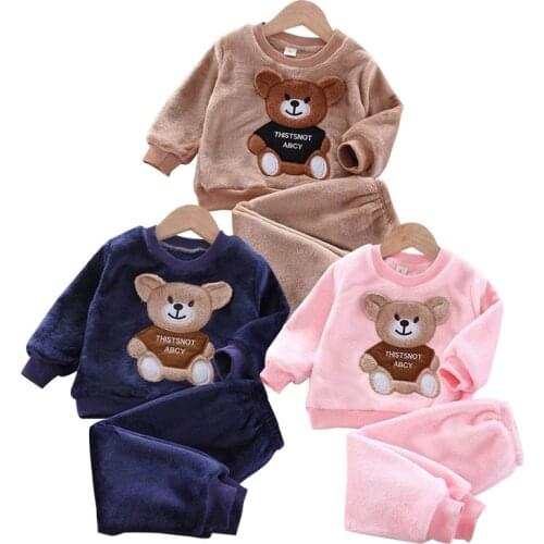Children Cartoon Bear Suit Autumn Winter Warm Clothes Kids 2PCS Plus Fleece Top + Pants Baby Boys Casual Outfit Infant New Sets