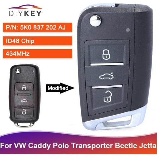 DIYKEY Upgraded Remote Key for Volkswagen Caddy Polo Transporter Beetle Jetta 5K0 837 202 AJ 434MHz ID48 Chip Fob 3 Button