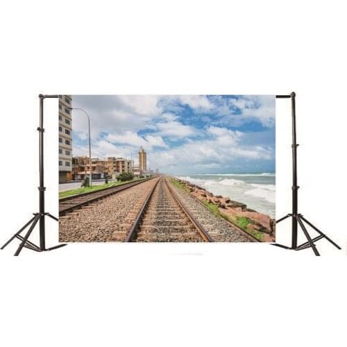 Photography Backdrop Seaside Railroad Tracks Stones Building House Blue Sky White Cloud Nature Travel