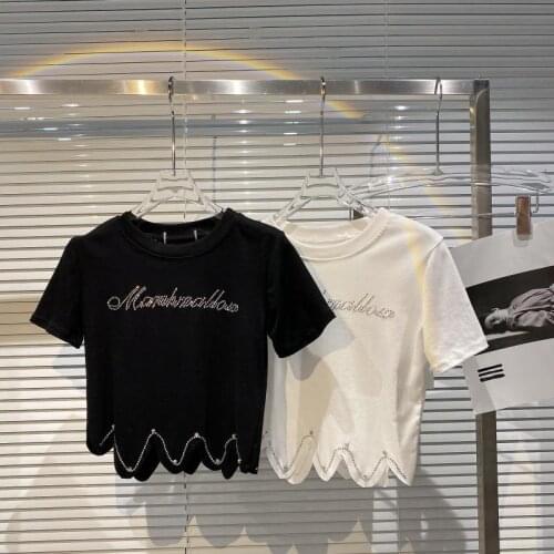 Black T-shirt Womens Short-sleeved Summer New Korean Version Loose Letters with Hot Rhinestones Short Irregular Umbilical Top