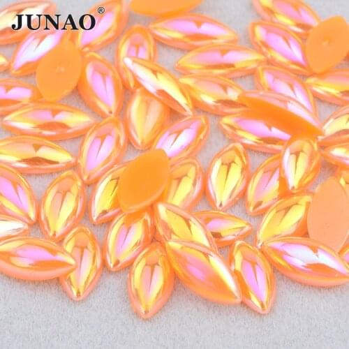 JUNAO 5*10mm 7*15mm Orange AB Flat Back Pearl Half Pearl Sticker Glue On Crystal Strass Acrylic Stones For Decorations