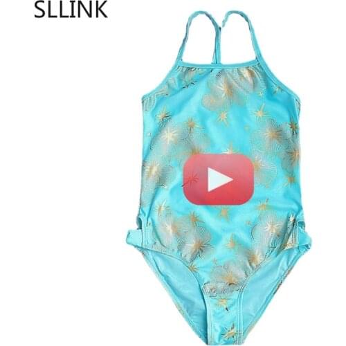 2-14years Girls Swimsuit 2021 Gilded Floral Swimsuit One Pice Swimsuit For Children Summer Style Blue Flower Bathing Suit