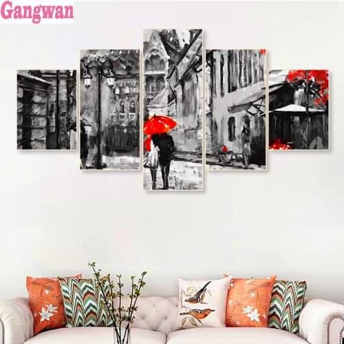 Lover Rain Street Landscape 5D DIY square/round Diamond Painting Cross Stitch Diamond Embroidery Rhinestone 5 pcs set home decor