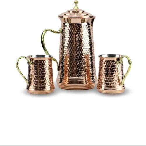 Morya Copper Water Pitcher with Lid Beverage Carafe Elegant Decanter Handmade Jug Juice Vintage Style Buttermilk Drinkware Red 2L