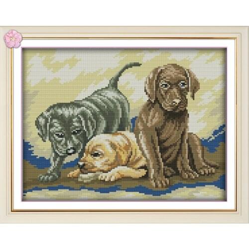 Three puppies cross stitch kit DMC color cotton thread 14ct 11ct count print canvas stitches embroidery DIY handmade needlework